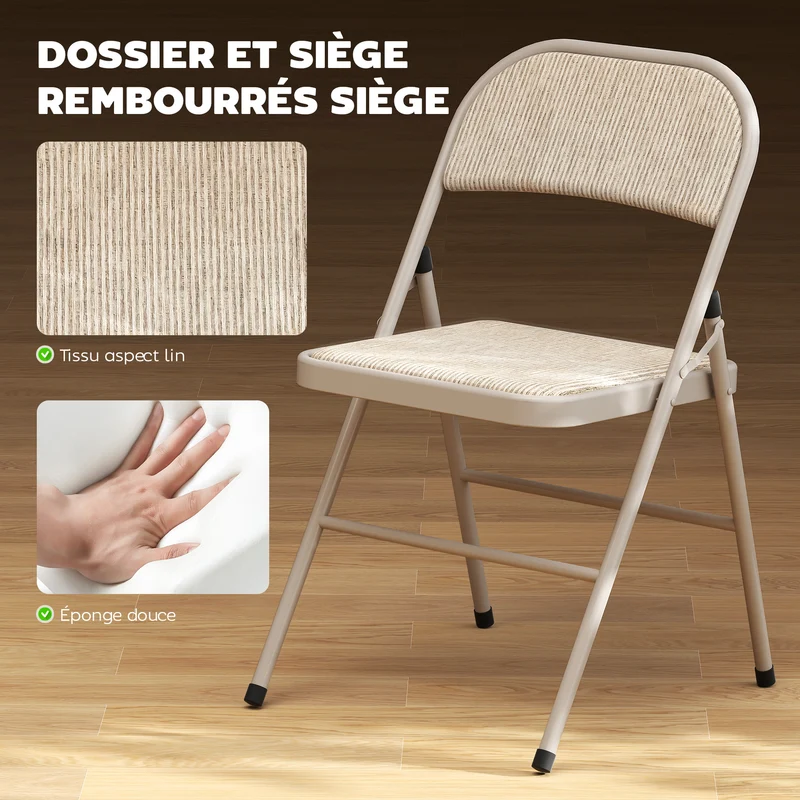 Lot de 2 chaises pliantes salle à manger 45 x 46 x 78 cm gain de place assise rembourrée dossier moderne en acier beige 21_0002158