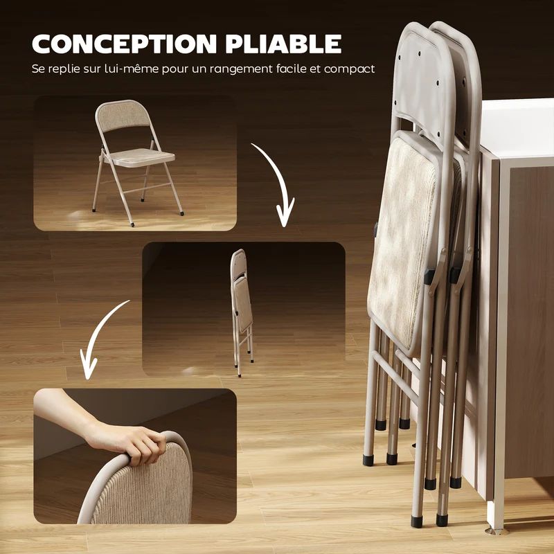 Lot de 2 chaises pliantes salle à manger 45 x 46 x 78 cm gain de place assise rembourrée dossier moderne en acier beige 21_0002158
