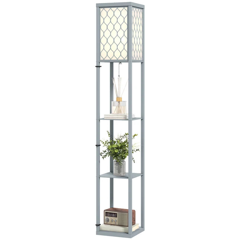 Lampadaire étagère salon 26 x 26 x 160 cm trois étagères rangement éclairage d'appoint contemporain épuré en MDF gris 21_0007067