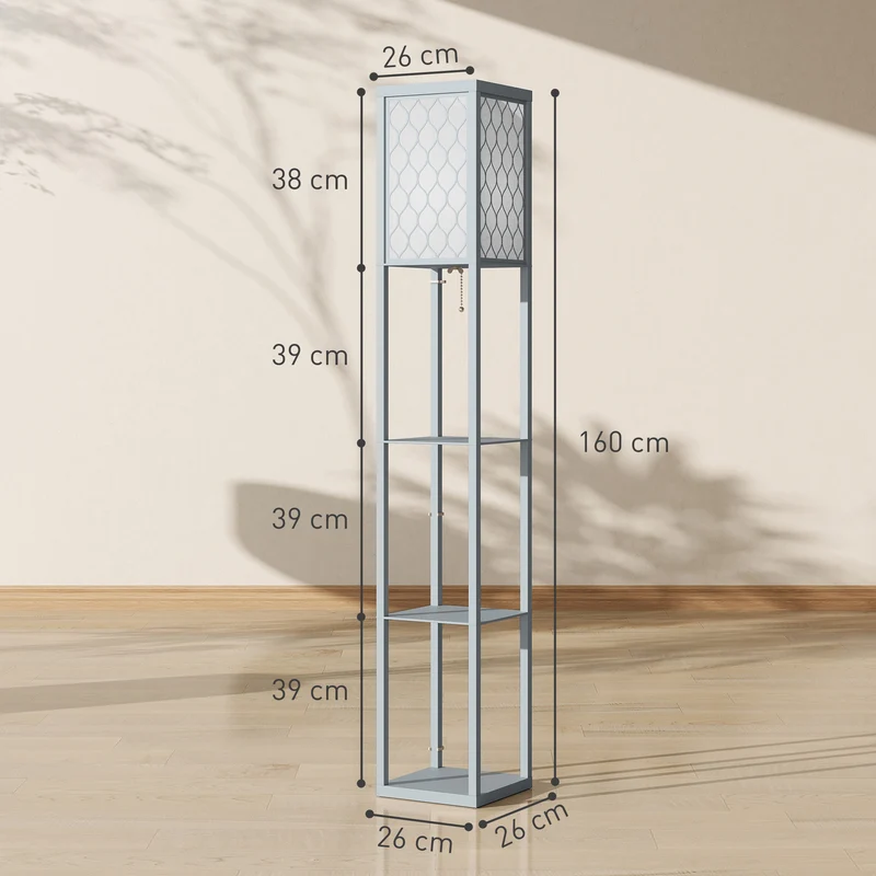 Lampadaire étagère salon 26 x 26 x 160 cm trois étagères rangement éclairage d'appoint contemporain épuré en MDF gris 21_0007067