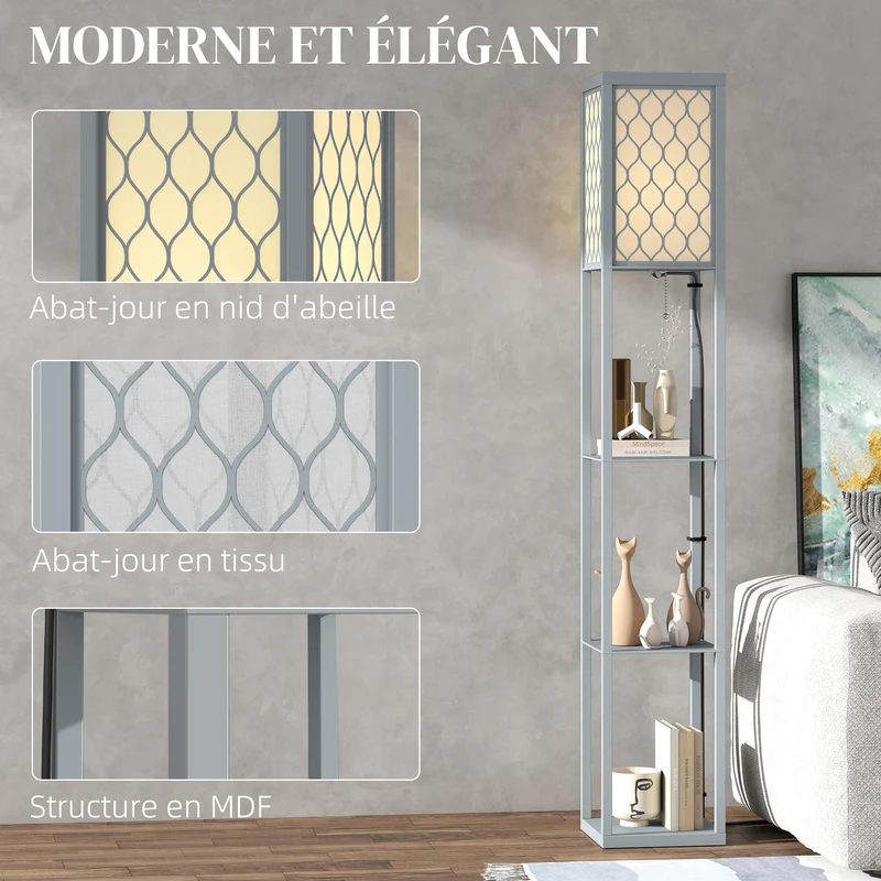 Lampadaire étagère salon 26 x 26 x 160 cm trois étagères rangement éclairage d'appoint contemporain épuré en MDF gris 21_0007067