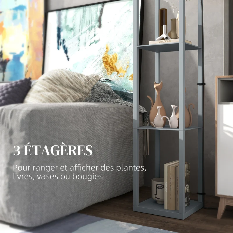 Lampadaire étagère salon 26 x 26 x 160 cm trois étagères rangement éclairage d'appoint contemporain épuré en MDF gris 21_0007067