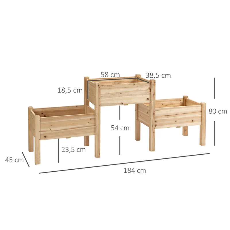 Jardinière sur pieds potager 3 bacs 184 x 45 x 80 cm sans se baisser inserts irrigation scandinave utile en bois naturel 21_0004227