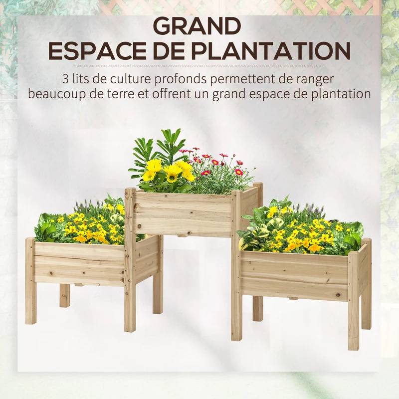 Jardinière sur pieds potager 3 bacs 184 x 45 x 80 cm sans se baisser inserts irrigation scandinave utile en bois naturel 21_0004227