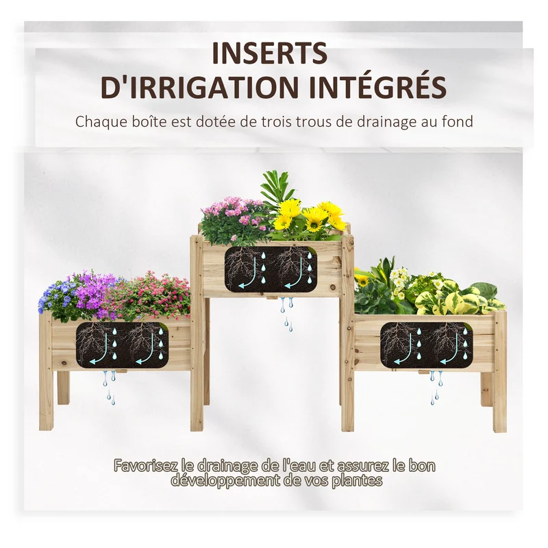 Jardinière sur pieds potager 3 bacs 184 x 45 x 80 cm sans se baisser inserts irrigation scandinave utile en bois naturel 21_0004227