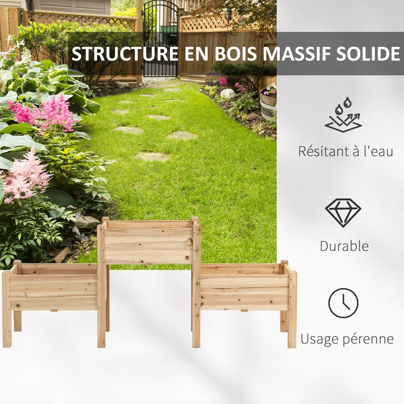 Jardinière sur pieds potager 3 bacs 184 x 45 x 80 cm sans se baisser inserts irrigation scandinave utile en bois naturel 21_0004227