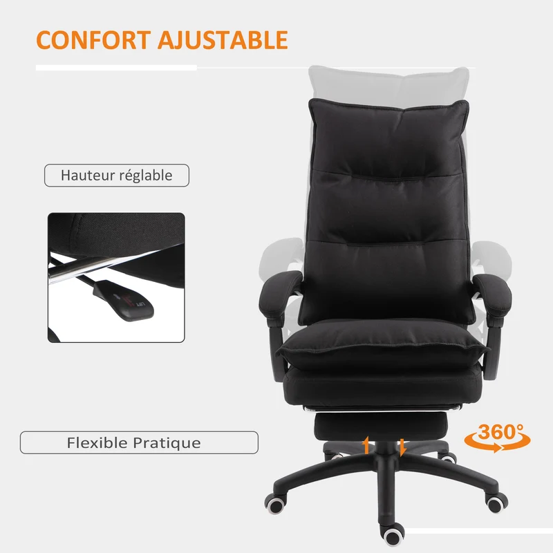 Fauteuil de bureau massant 6 points 70 x 62 x 120 cm réglable hauteur pivotant 360° moderne douillet en toile de lin noir 21_0006172