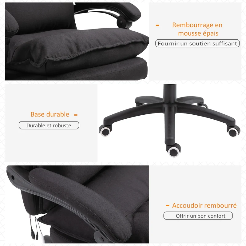 Fauteuil de bureau massant 6 points 70 x 62 x 120 cm réglable hauteur pivotant 360° moderne douillet en toile de lin noir 21_0006172