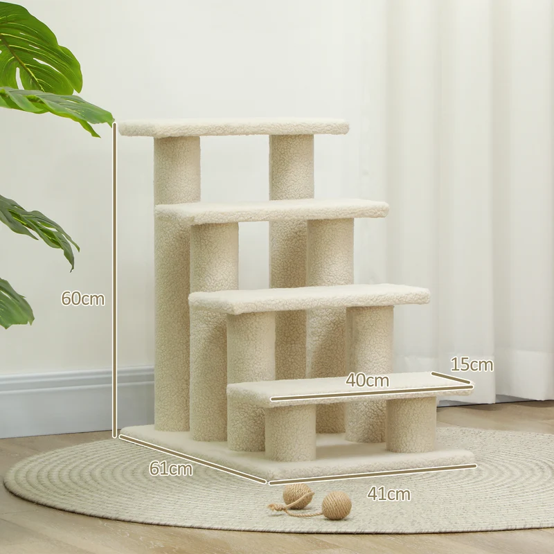 Escalier pour animaux 4 marches 61 x 41 x 60 cm aide mobilité léger et robuste scandinave en panneaux de particule crème 21_0007608