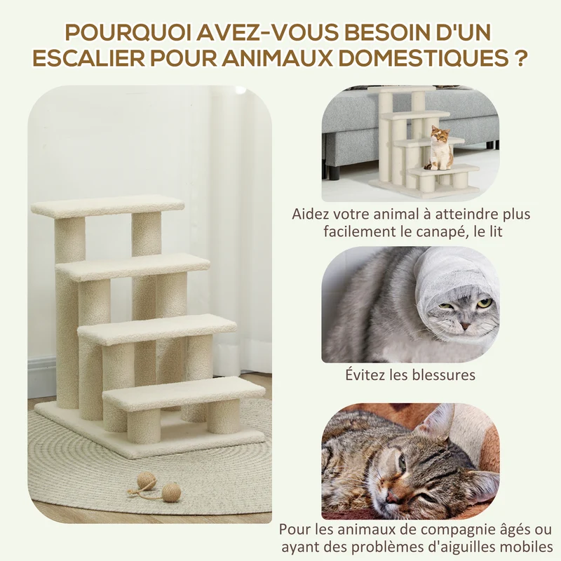 Escalier pour animaux 4 marches 61 x 41 x 60 cm aide mobilité léger et robuste scandinave en panneaux de particule crème 21_0007608