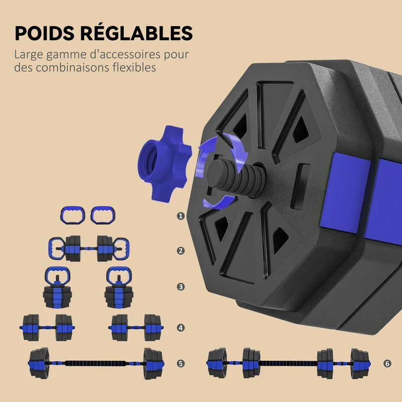 Ensemble d'haltères 6-en-1 musculation 125 x 18 x 18 cm avec poignées antidérapantes réglable moderne en plastique bleu 21_0006878