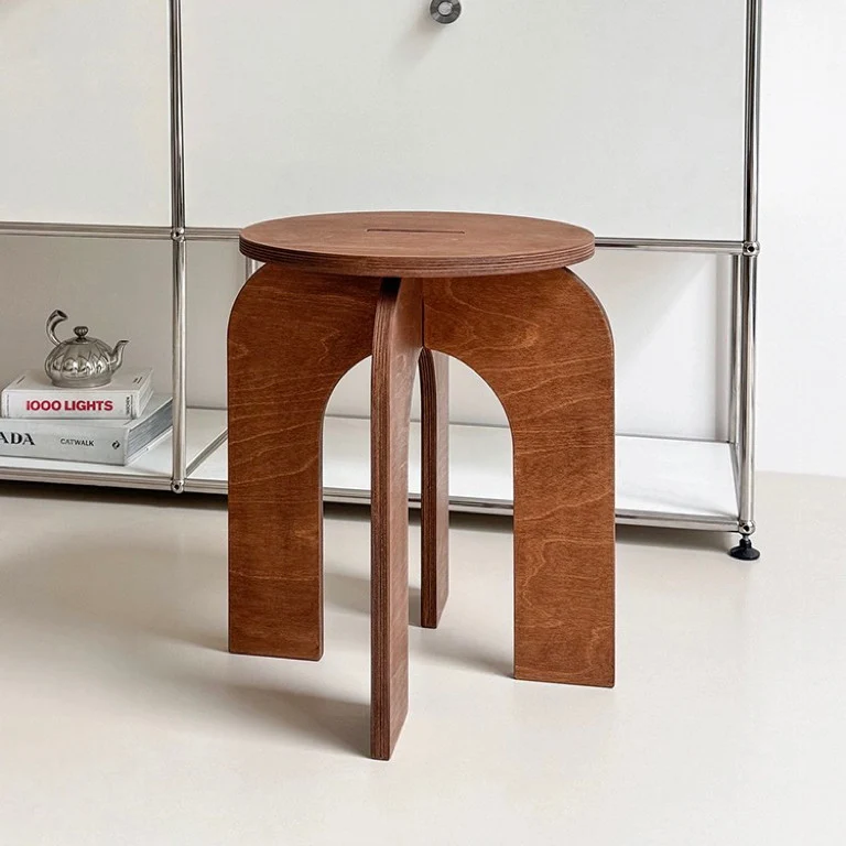 Contemporary Retro Round Birch Wood Marine Board Versatile Low Stool For Living Room & Bedroom & Entryway