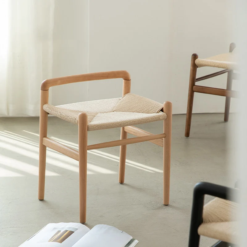 Traditional Chinese Kraft Paper Rope Rubberwood Square Cylindrical Low Stool With Backrest For Living Room