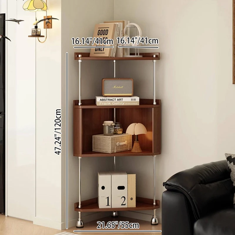 Contemporary Retro Plywood & Stainless Steel Triangular Corner Shelf Unit With 4/5-Tier Open Storage For Living Room & Bedroom
