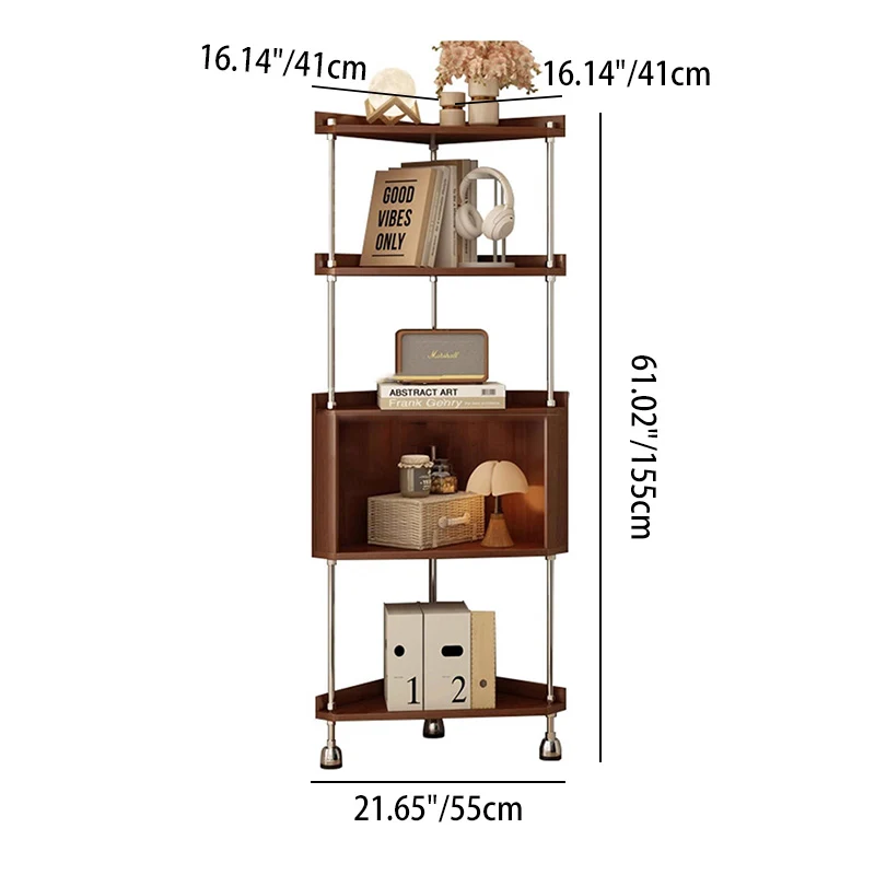 Contemporary Retro Plywood & Stainless Steel Triangular Corner Shelf Unit With 4/5-Tier Open Storage For Living Room & Bedroom