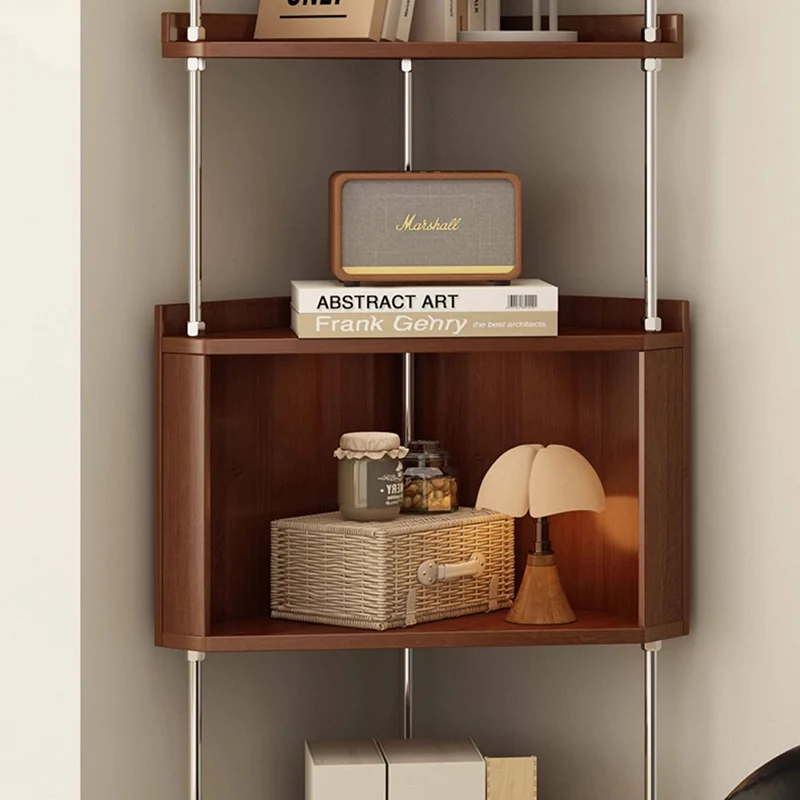 Contemporary Retro Plywood & Stainless Steel Triangular Corner Shelf Unit With 4/5-Tier Open Storage For Living Room & Bedroom