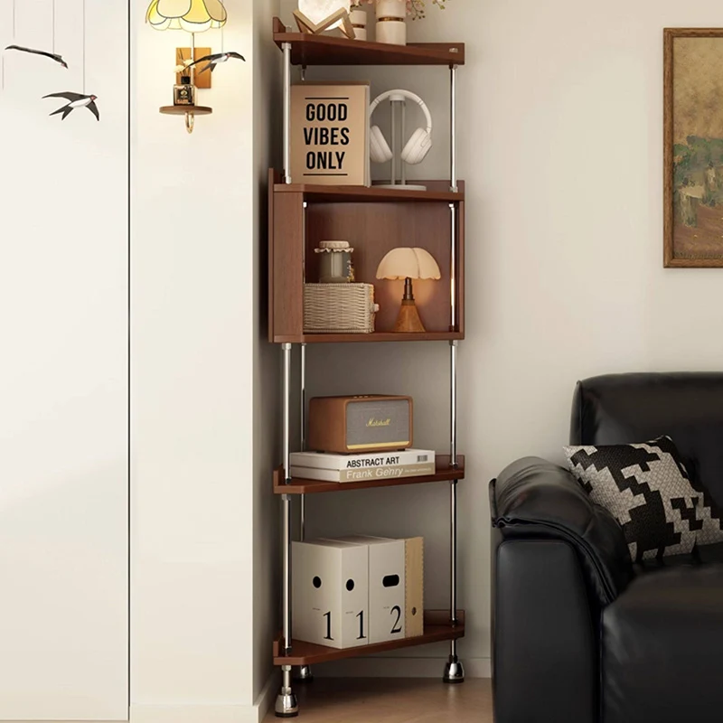 Contemporary Retro Plywood & Stainless Steel Triangular Corner Shelf Unit With 4/5-Tier Open Storage For Living Room & Bedroom
