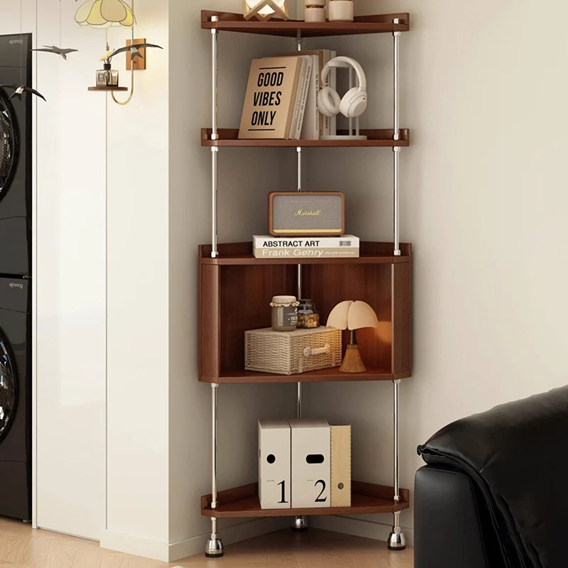 Contemporary Retro Plywood & Stainless Steel Triangular Corner Shelf Unit With 4/5-Tier Open Storage For Living Room & Bedroom