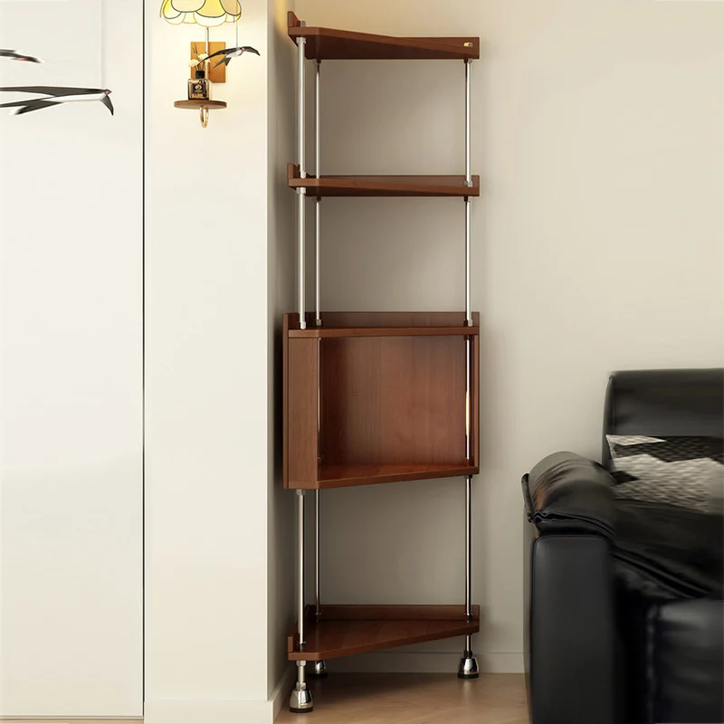 Contemporary Retro Plywood & Stainless Steel Triangular Corner Shelf Unit With 4/5-Tier Open Storage For Living Room & Bedroom