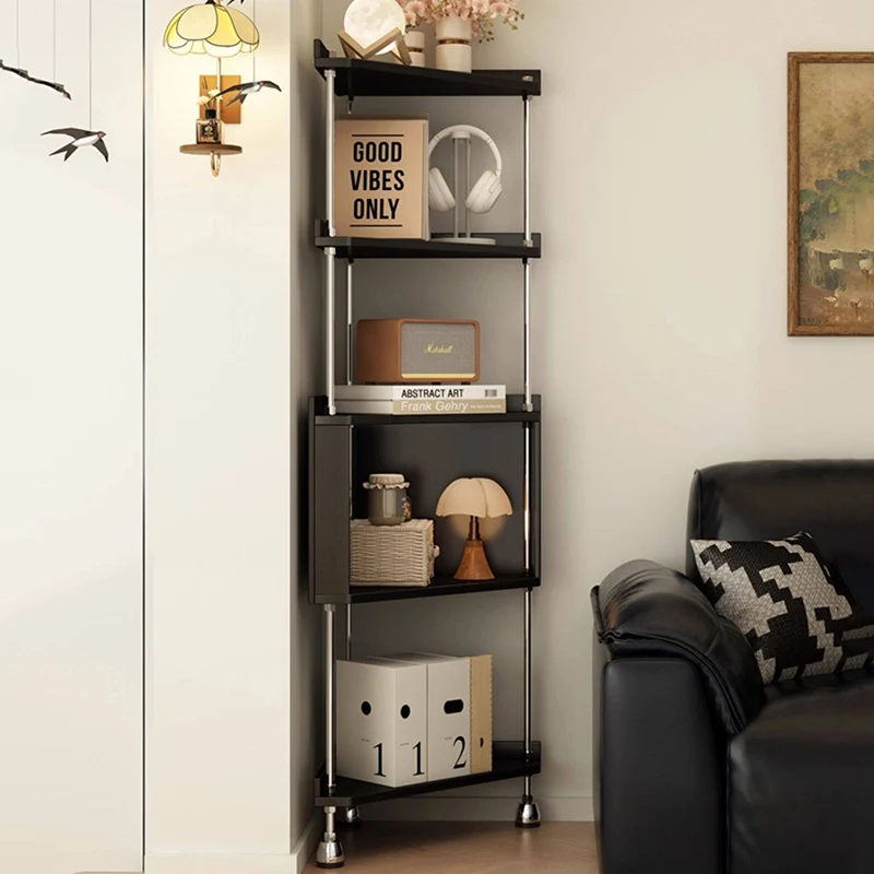 Contemporary Retro Plywood & Stainless Steel Triangular Corner Shelf Unit With 4/5-Tier Open Storage For Living Room & Bedroom