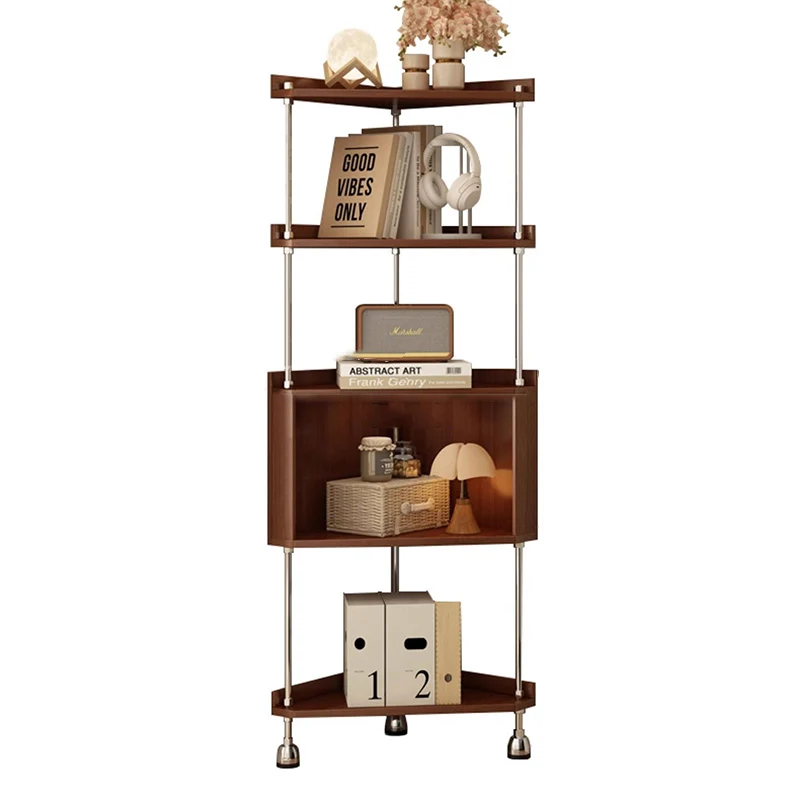Contemporary Retro Plywood & Stainless Steel Triangular Corner Shelf Unit With 4/5-Tier Open Storage For Living Room & Bedroom