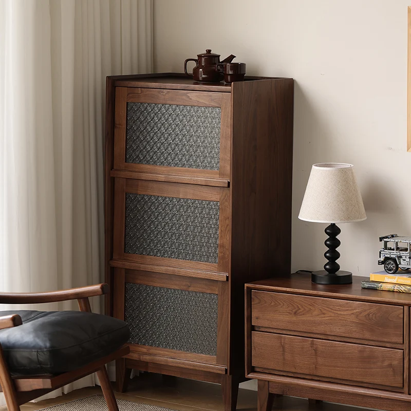 Modern Minimalist Rectangular Solid North American Black Walnut Wood Glass Storage Cabinet 3-Storage For Living Room