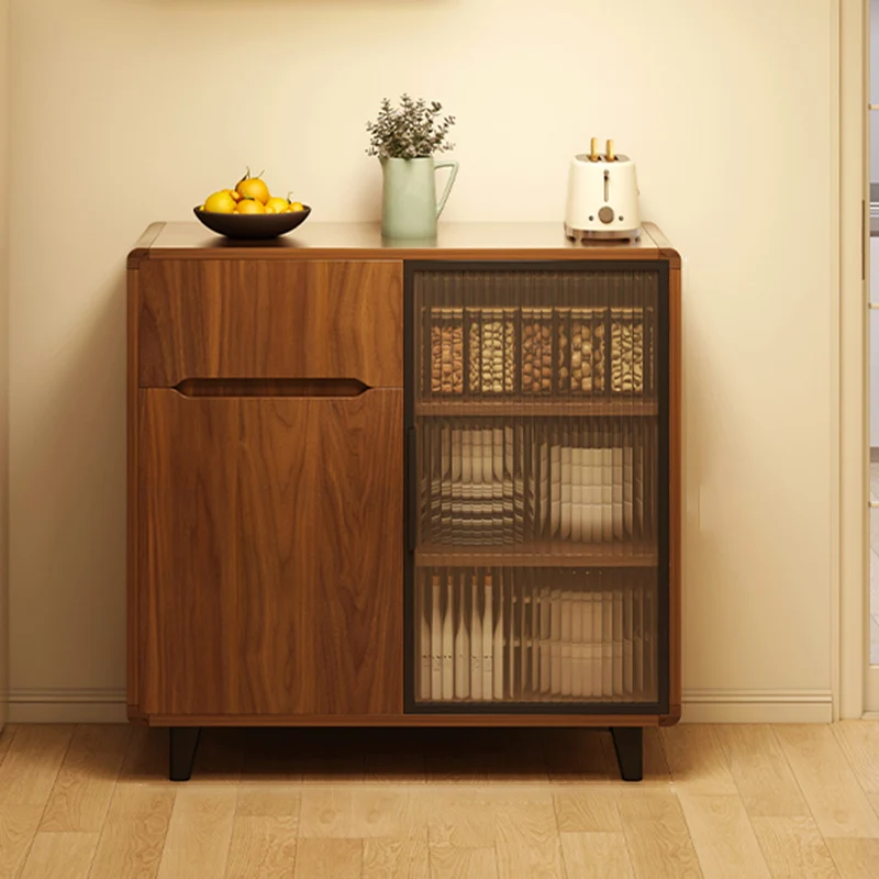 Modern Minimalist Rectangular Solid Wood Particle Board Glass Storage Cabinet 4-Tier For Living Room