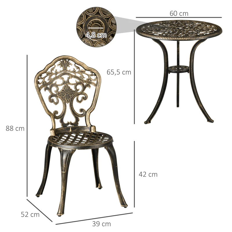 Ensemble bistrot jardin 2 places 88 x 60 x 52 cm emplacement parasol assise ergonomique rustique en aluminium bronze 21_0005141