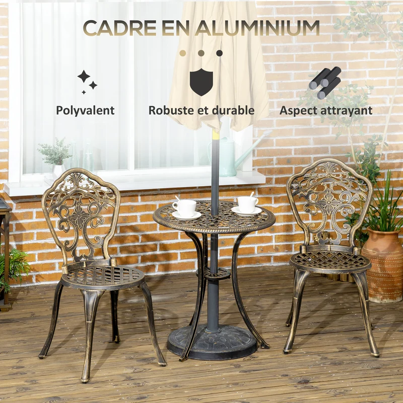 Ensemble bistrot jardin 2 places 88 x 60 x 52 cm emplacement parasol assise ergonomique rustique en aluminium bronze 21_0005141