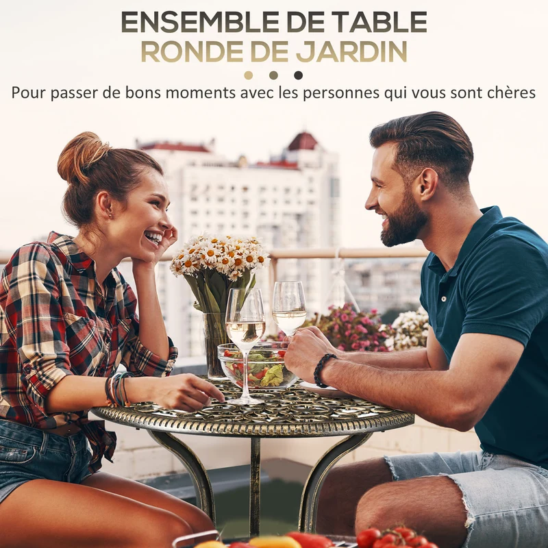 Ensemble bistrot jardin 2 places 88 x 60 x 52 cm emplacement parasol assise ergonomique rustique en aluminium bronze 21_0005141