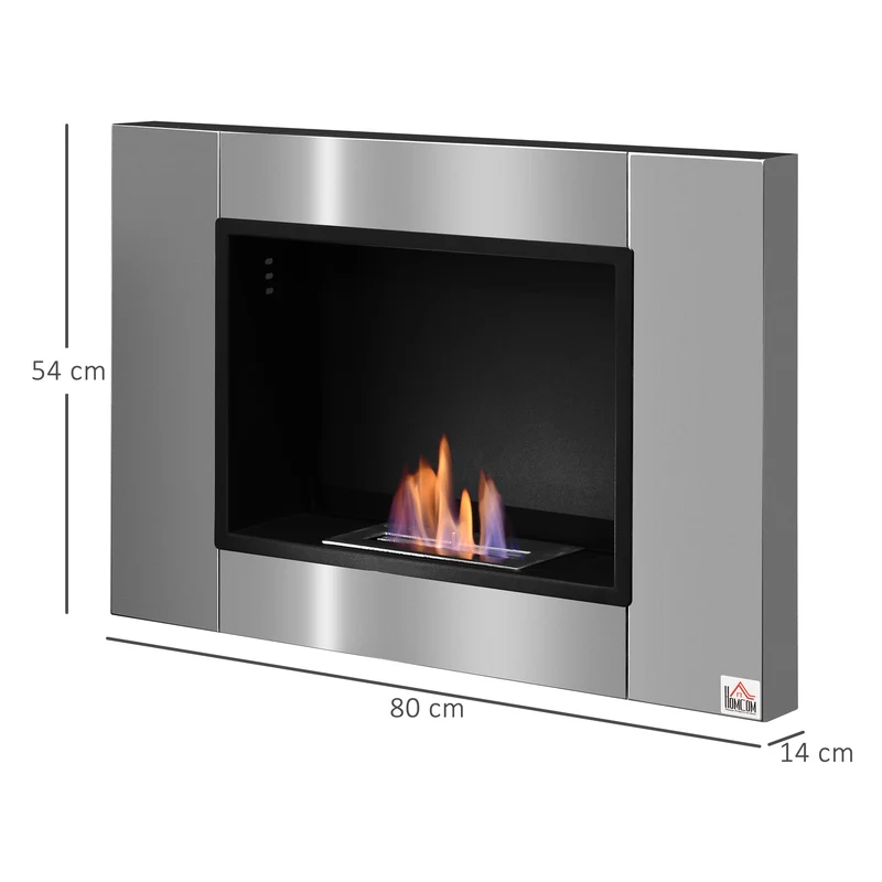 Cheminée bioéthanol murale encastrable 80 x 14 x 54 cm flammes sans fumée sécurisée antifuite design épuré en métal inox 21_0001111