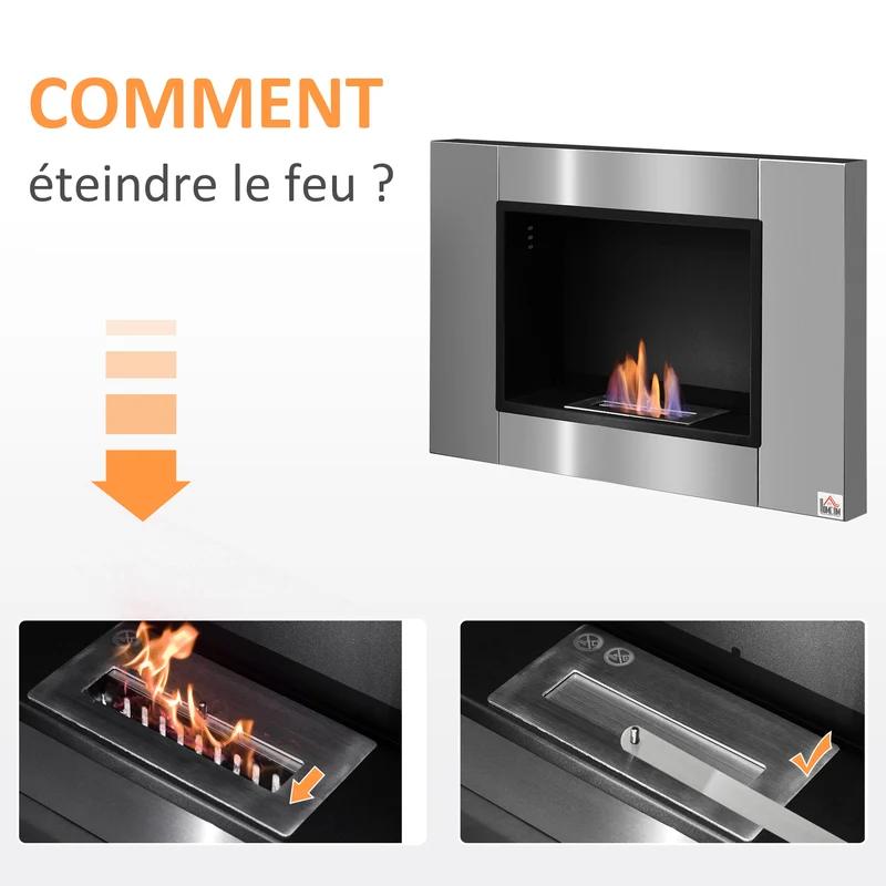 Cheminée bioéthanol murale encastrable 80 x 14 x 54 cm flammes sans fumée sécurisée antifuite design épuré en métal inox 21_0001111