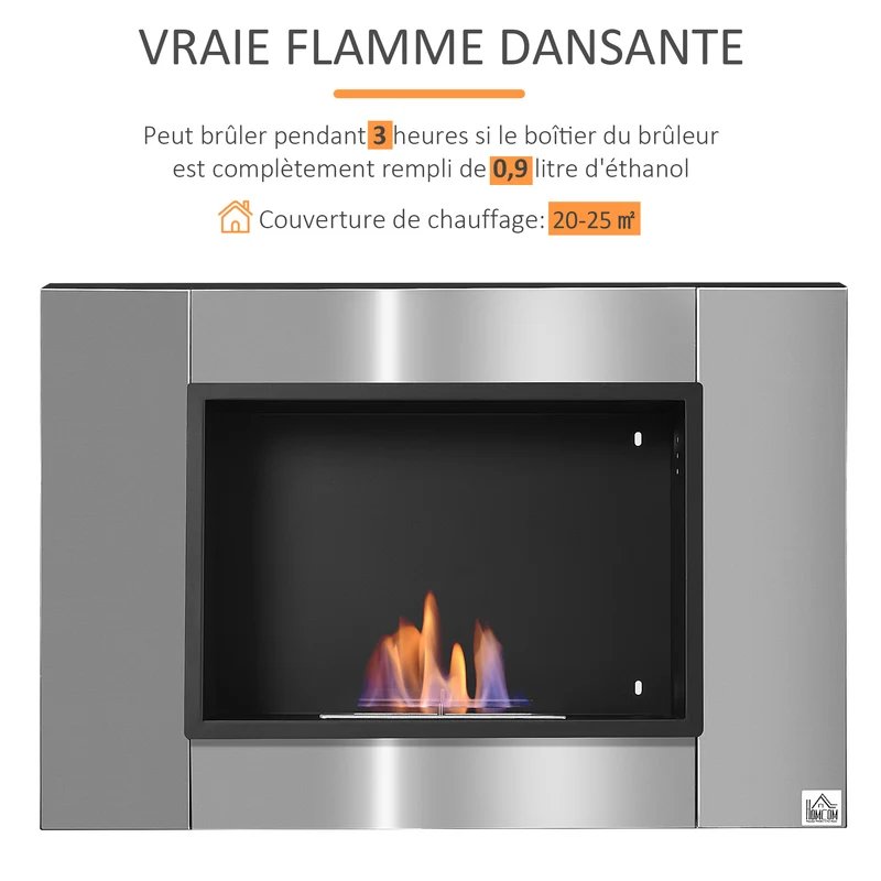 Cheminée bioéthanol murale encastrable 80 x 14 x 54 cm flammes sans fumée sécurisée antifuite design épuré en métal inox 21_0001111