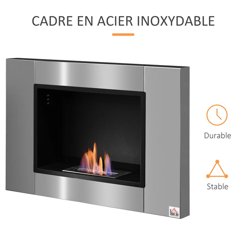 Cheminée bioéthanol murale encastrable 80 x 14 x 54 cm flammes sans fumée sécurisée antifuite design épuré en métal inox 21_0001111