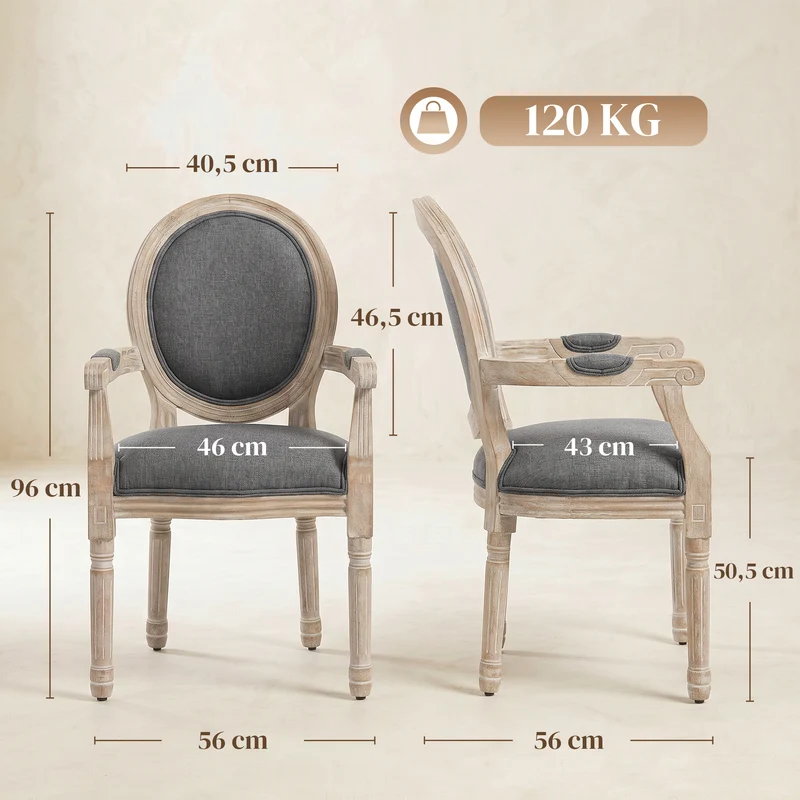 Chaise médaillon salle à manger 56 x 56 x 96 cm assise rembourrée dossier ergonomique classique en tissu de lin gris 21_0002211