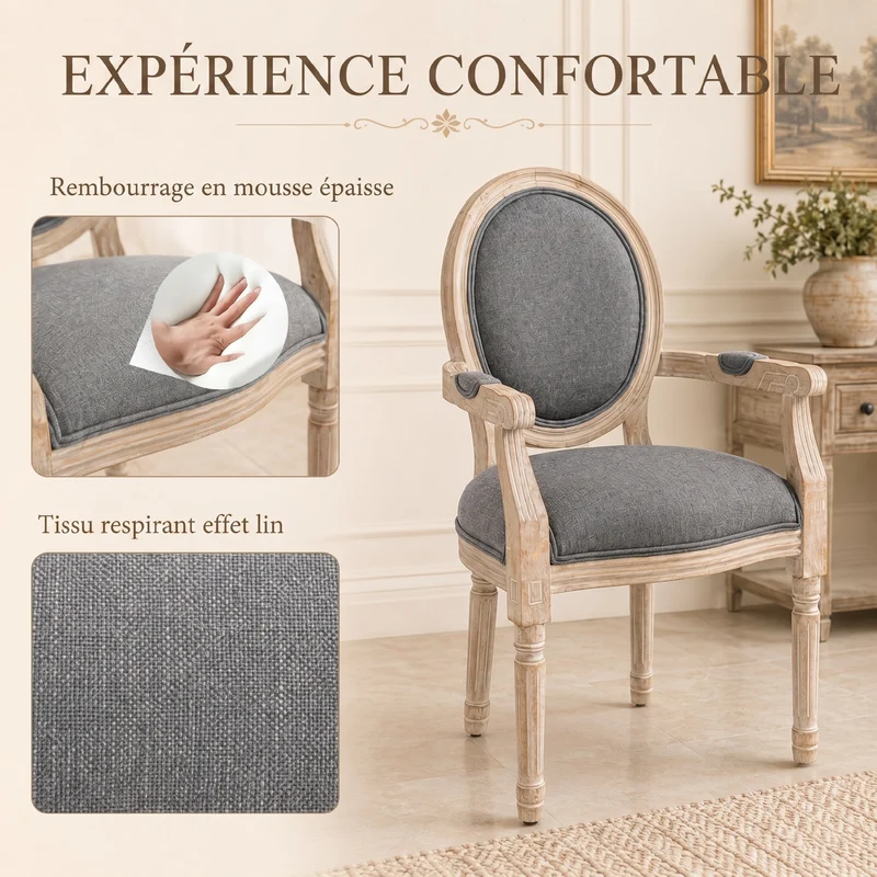 Chaise médaillon salle à manger 56 x 56 x 96 cm assise rembourrée dossier ergonomique classique en tissu de lin gris 21_0002211