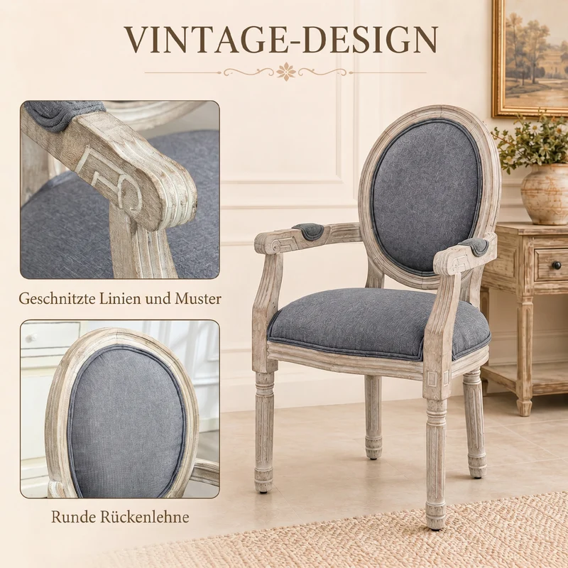 Chaise médaillon salle à manger 56 x 56 x 96 cm assise rembourrée dossier ergonomique classique en tissu de lin gris 21_0002211
