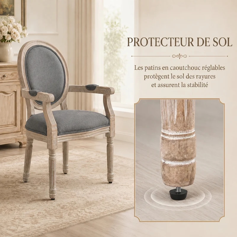 Chaise médaillon salle à manger 56 x 56 x 96 cm assise rembourrée dossier ergonomique classique en tissu de lin gris 21_0002211