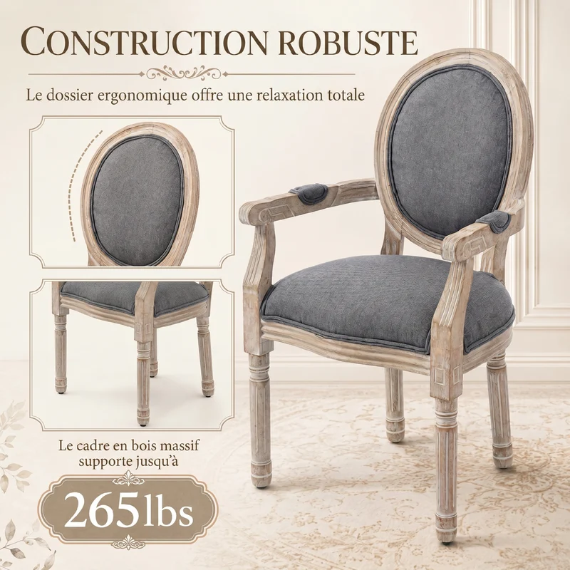 Chaise médaillon salle à manger 56 x 56 x 96 cm assise rembourrée dossier ergonomique classique en tissu de lin gris 21_0002211