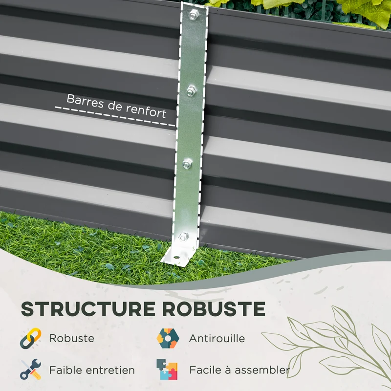 Carré potager rectangulaire 180 x 90 x 29,5 cm tuteur tomates pratique résistant intempéries moderne en acier gris foncé 21_0004286