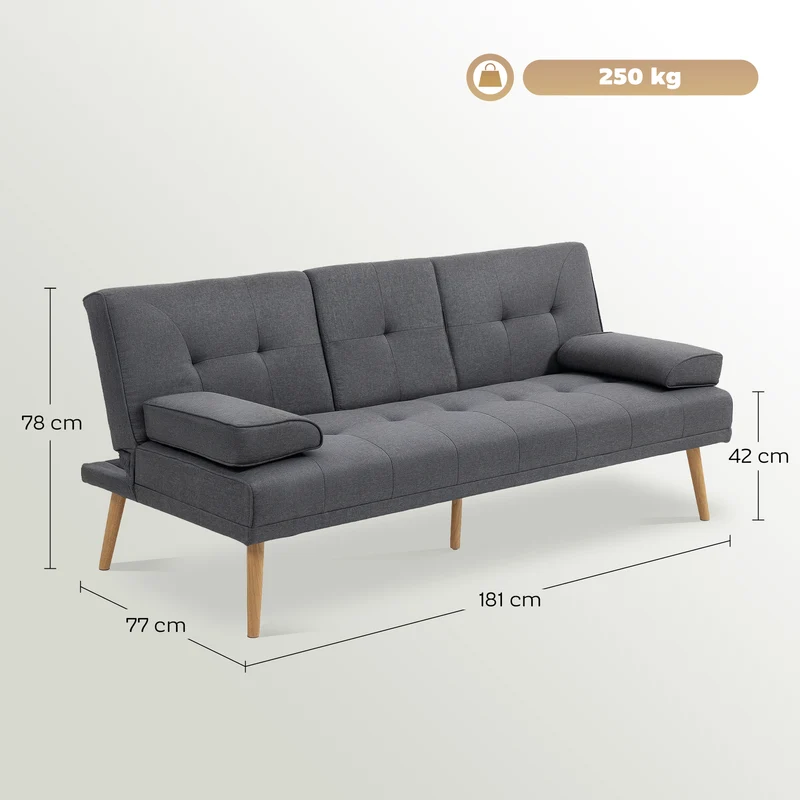Canapé convertible 3 places 181 x 77 x 78 cm dossier 3 positions convertible en lit scandinave cosy en tissu gris foncé 21_0001753