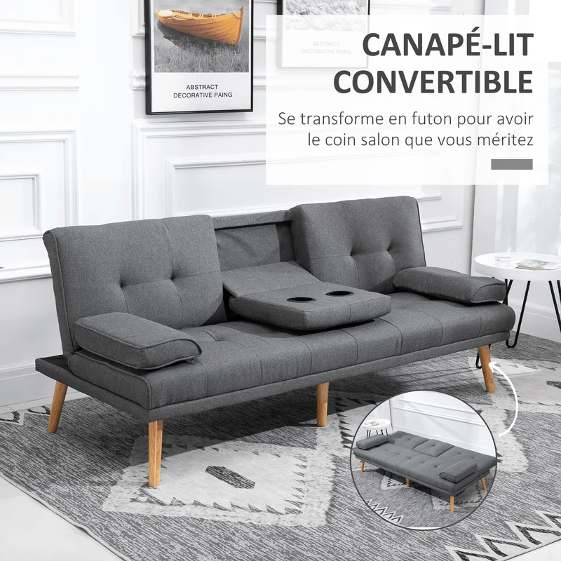 Canapé convertible 3 places 181 x 77 x 78 cm dossier 3 positions convertible en lit scandinave cosy en tissu gris foncé 21_0001753