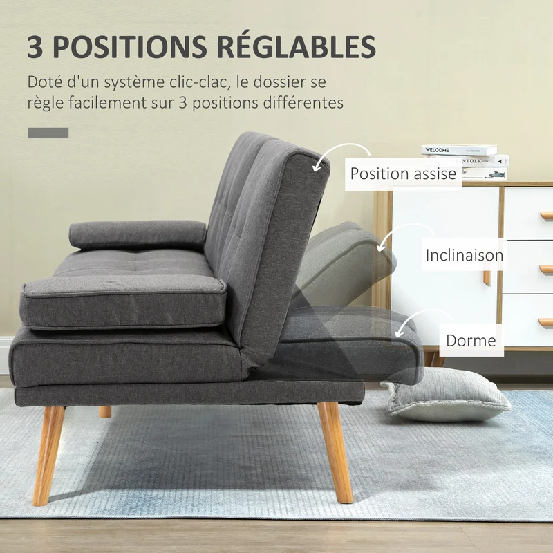 Canapé convertible 3 places 181 x 77 x 78 cm dossier 3 positions convertible en lit scandinave cosy en tissu gris foncé 21_0001753
