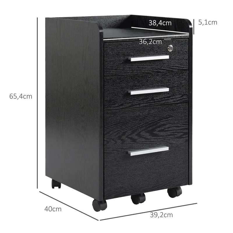 Caisson de bureau 39,2 x 40 x 65,4 cm 3 tiroirs dont 1 verrouillable 5 roulettes pivotantes design épuré en MDF noir 21_0002436