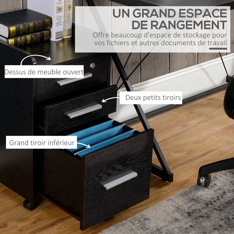 Caisson de bureau 39,2 x 40 x 65,4 cm 3 tiroirs dont 1 verrouillable 5 roulettes pivotantes design épuré en MDF noir 21_0002436