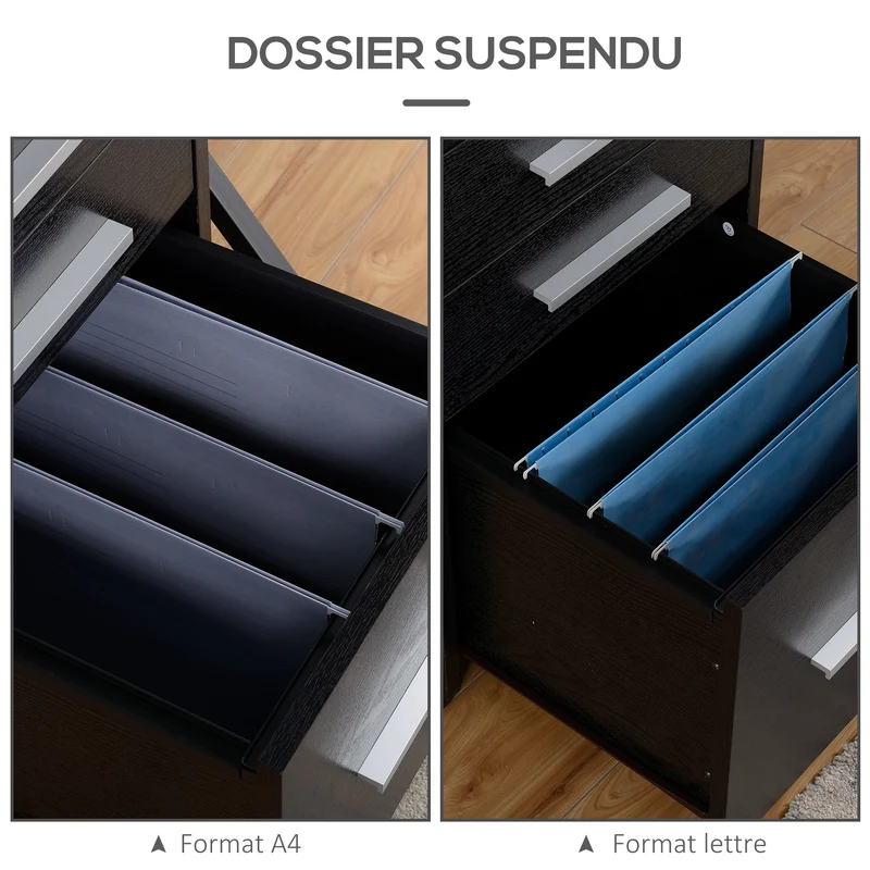 Caisson de bureau 39,2 x 40 x 65,4 cm 3 tiroirs dont 1 verrouillable 5 roulettes pivotantes design épuré en MDF noir 21_0002436