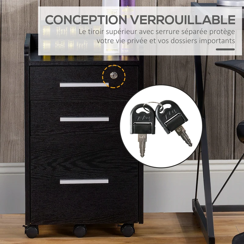 Caisson de bureau 39,2 x 40 x 65,4 cm 3 tiroirs dont 1 verrouillable 5 roulettes pivotantes design épuré en MDF noir 21_0002436