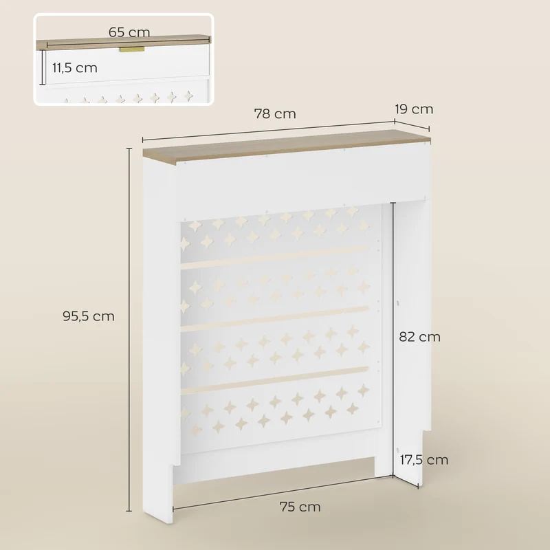 Cache-radiateur placard rabattable et étagère supérieure 78 x 19 x 95,5 cm rangements sécurisés moderne en MDF blanc 21_0001151