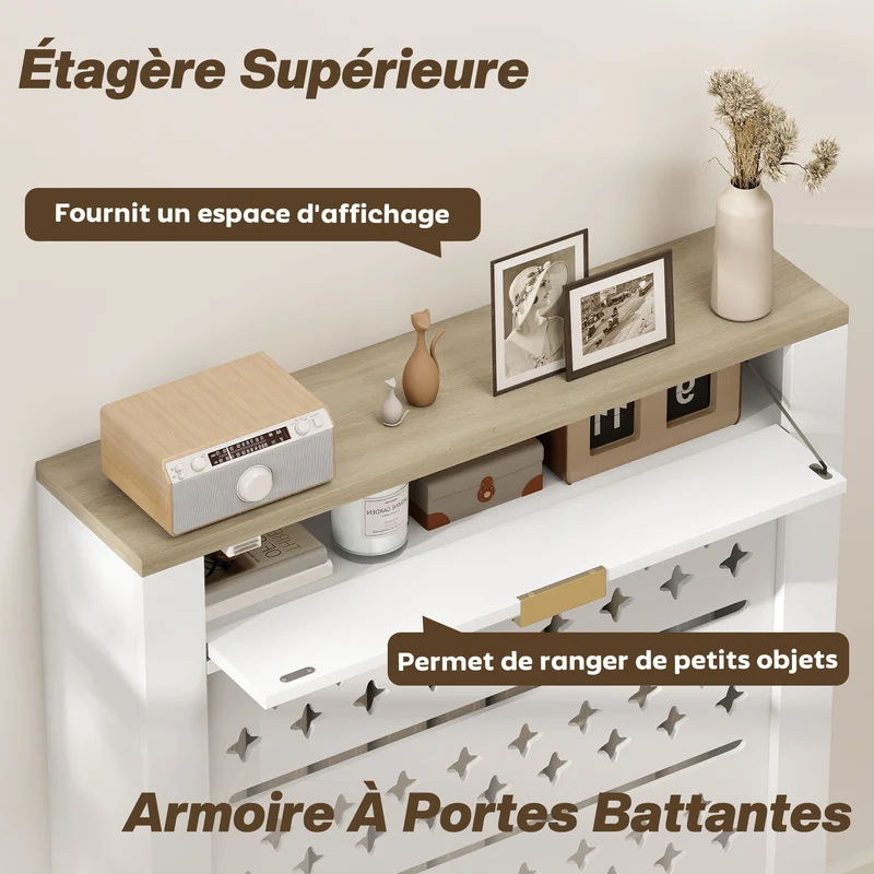 Cache-radiateur placard rabattable et étagère supérieure 78 x 19 x 95,5 cm rangements sécurisés moderne en MDF blanc 21_0001151