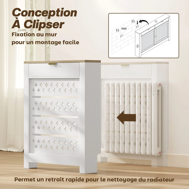 Cache-radiateur placard rabattable et étagère supérieure 78 x 19 x 95,5 cm rangements sécurisés moderne en MDF blanc 21_0001151